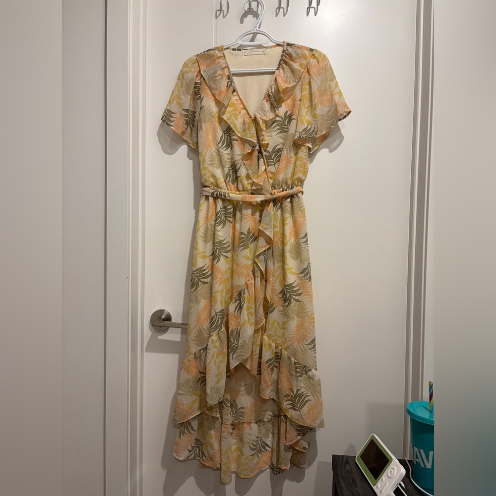Fair x Haven Elegant High Low Tropical Floral Dress in Cream and Orange